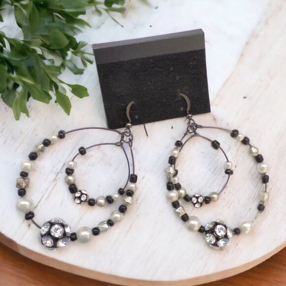 Source Unknown Jewelry - Rhinestone Disco Bead Faux Pearl Earrings Double Hoop Style Gunmetal